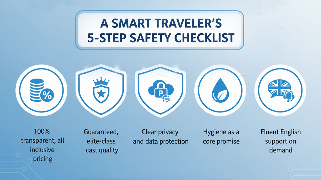 Five-step safety checklist on a clipboard for due diligence before booking