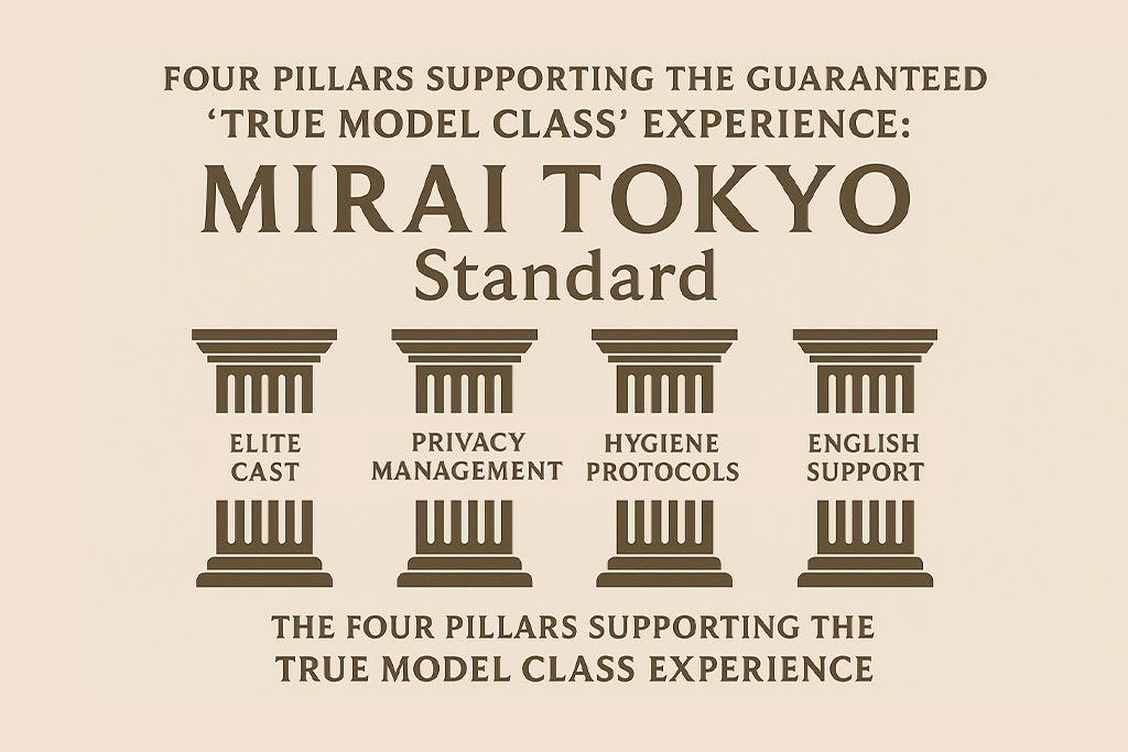 Four pillars graphic representing elite cast, privacy management, hygiene protocols, and English support