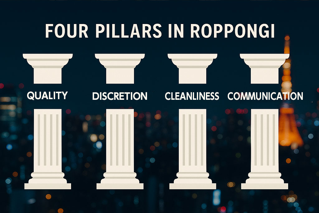 Four pillars graphic: elite cast, privacy management, hygiene protocols, English support