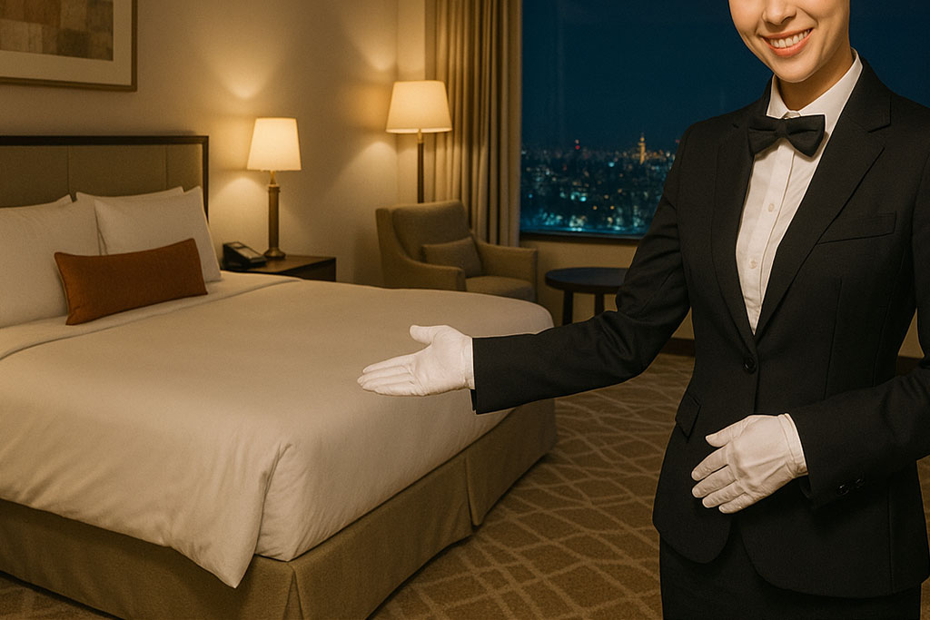 Drawn curtains and privacy lock symbolizing discreet, in-room experience