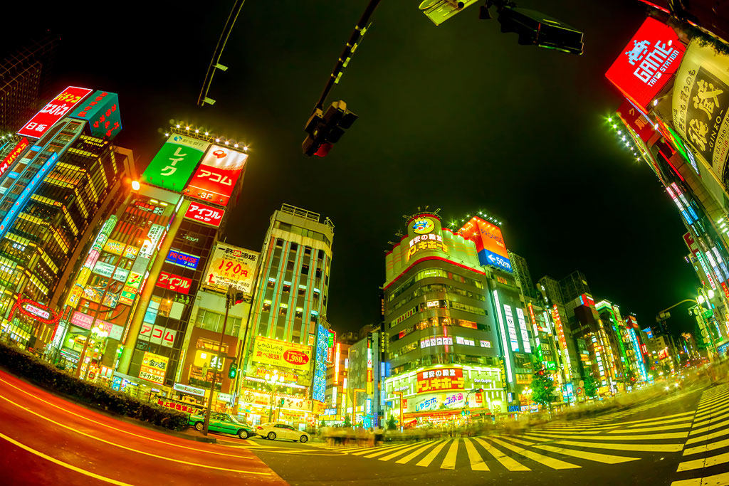 Kabukicho neon district with wayfinding and caution icons