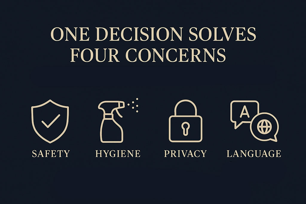 Calm in-room hospitality setup symbolizing safety, hygiene, privacy, and English support