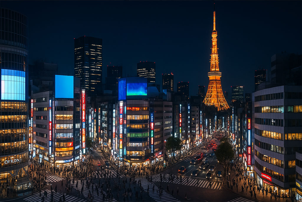 Roppongi night streets with neon lights and Tokyo Tower in the distance