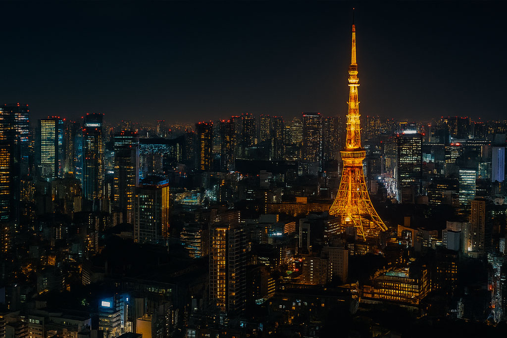 Night view of Tokyo Tower and the city lights from the Roppongi Hills observation deck