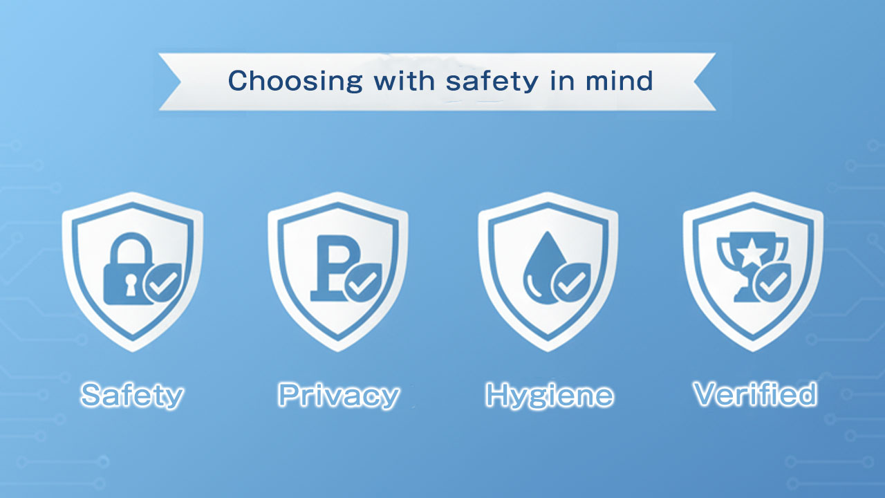Shield and checklist icons representing traveler safety, privacy, hygiene, and verified quality