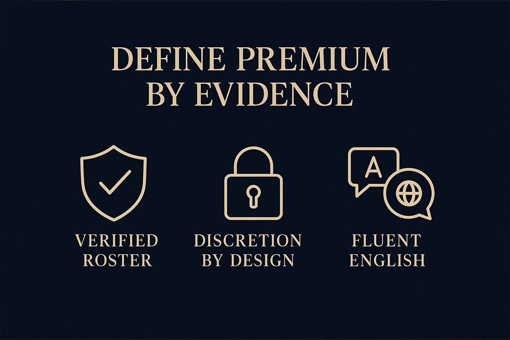 Checklist and shield icons indicating verification, discretion, and English support