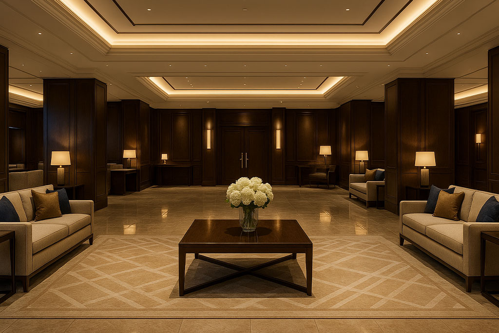 Ginza hotel lobby with subtle discretion cues and premium standards