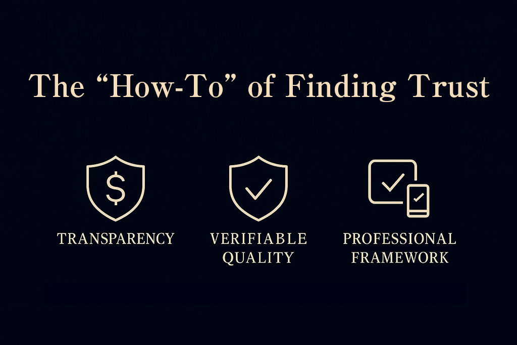 Blueprint-style checklist illustrating transparency, verifiable quality, and professional framework