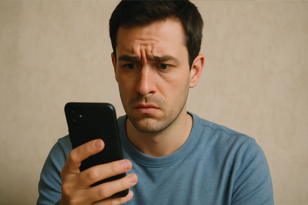 Traveler browsing escort profiles online with mixed excitement and concern