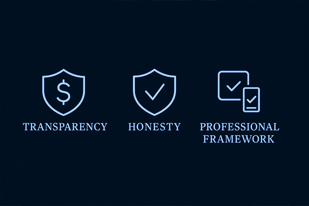 Clean invoice and quality badge showing transparent pricing as a quality signal