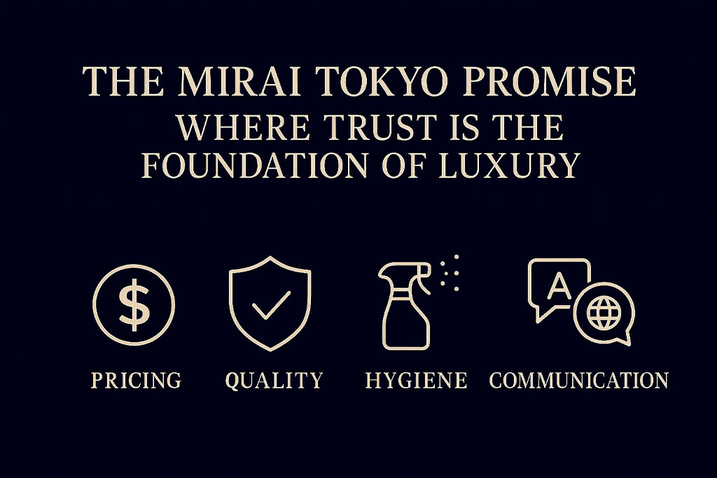 Four promise icons: transparent pricing, verified talent, hygiene protocols, and fluent English