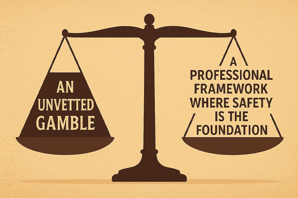 Side-by-side concept of risky unvetted service versus structured professional service