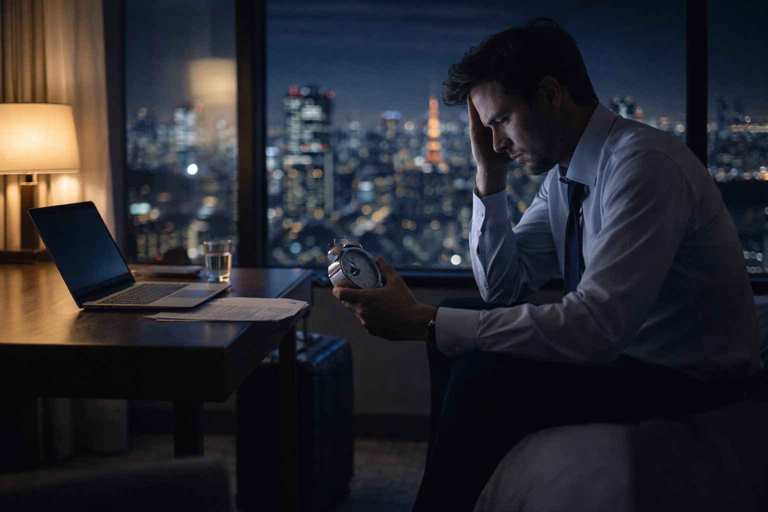 Business traveler in a Tokyo hotel room experiencing jet lag before important meetings