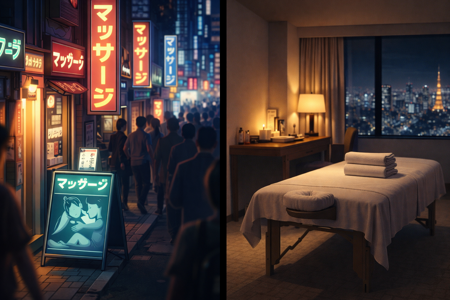 Contrast between busy street massage shops and private in-room professional service
