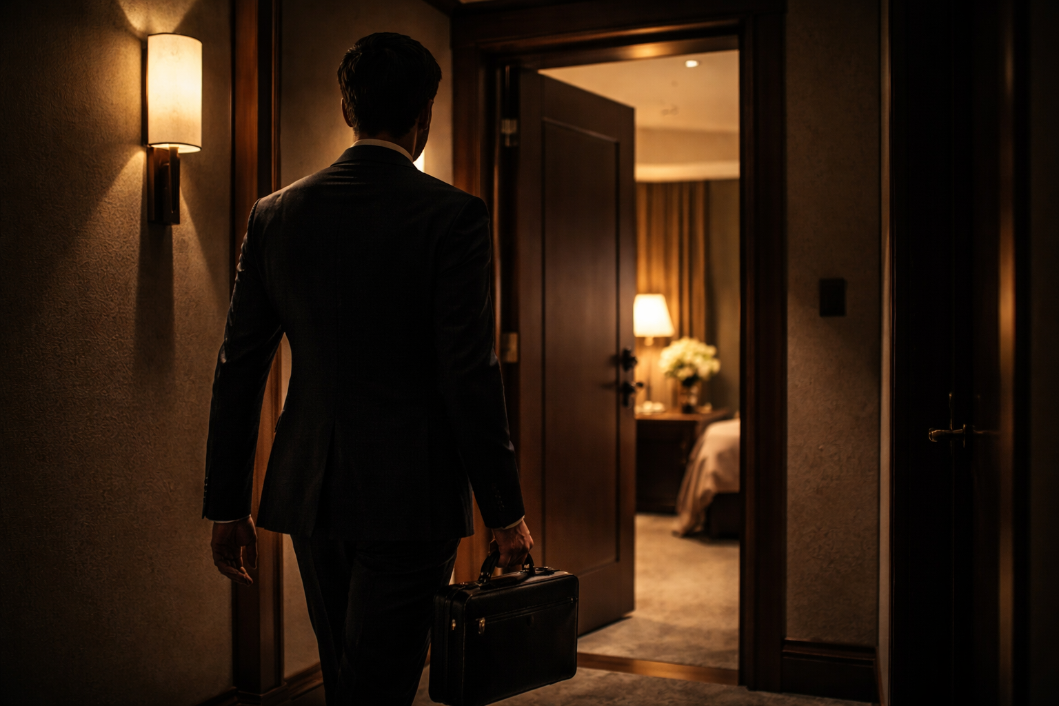 Discreet professional service arriving at a luxury hotel for a private in-room experience