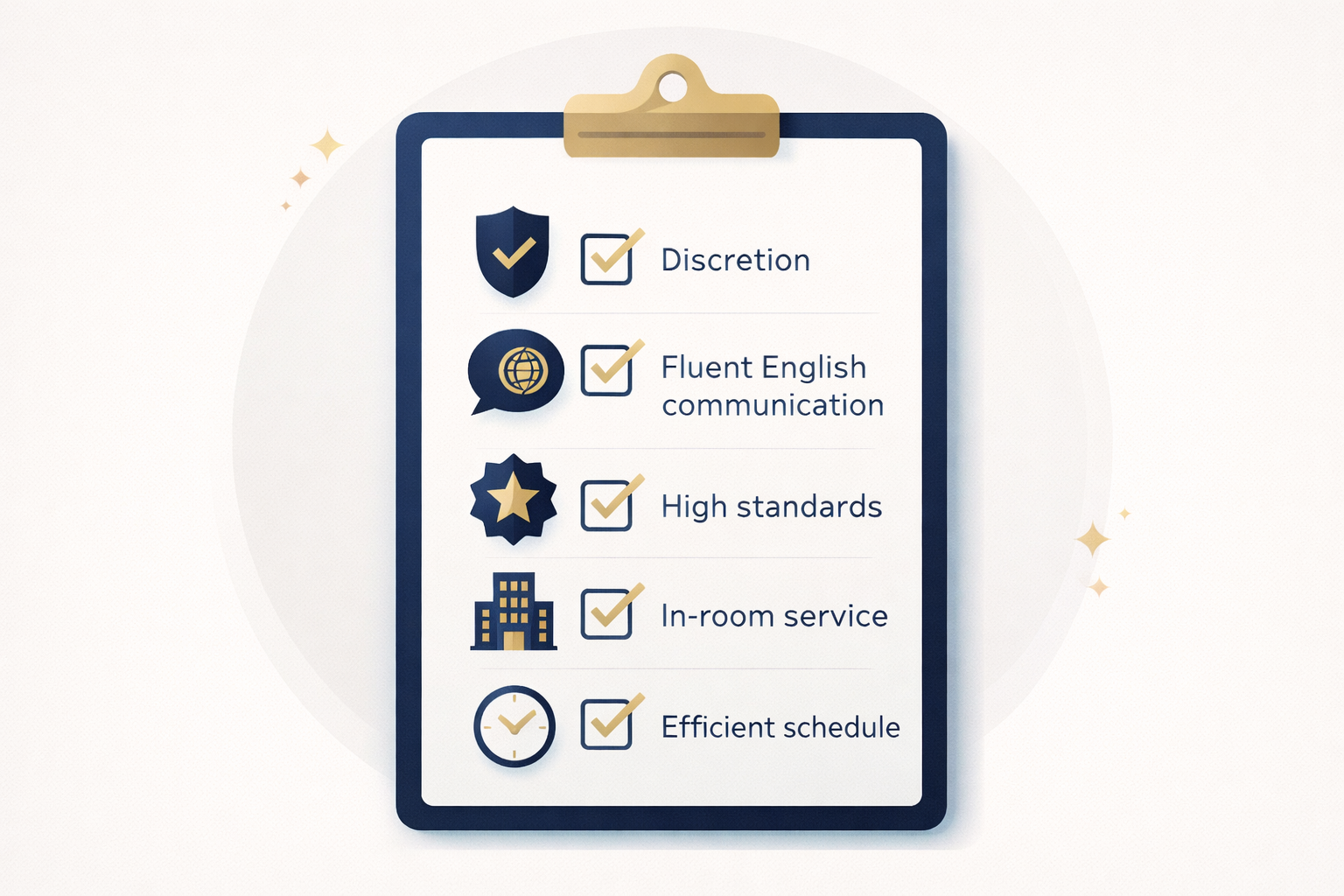 Professional checklist concept highlighting discretion, English communication, and quality standards