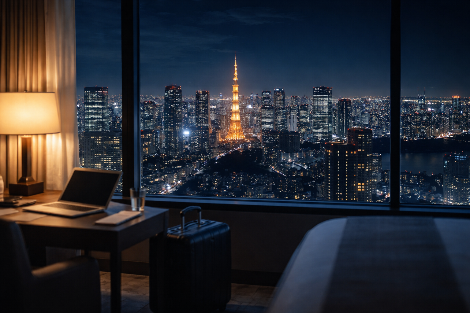 Tokyo skyline at night symbolizing business travel, jet lag recovery, and discreet professional services