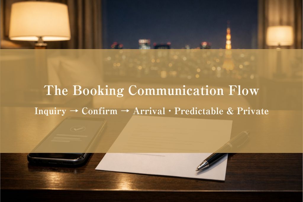 Hotel desk in a Tokyo luxury room with a smartphone and written confirmation, illustrating a predictable and private outcall booking communication flow