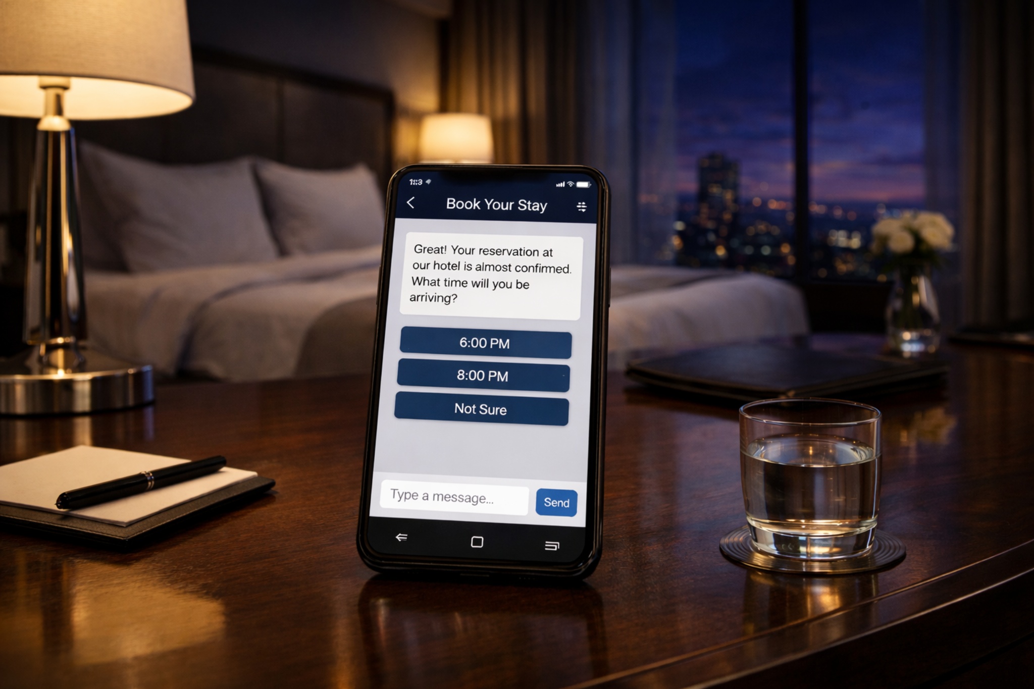 Step-by-step booking concept with a phone and luxury hotel room background