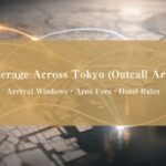Abstract map of Tokyo illustrating outcall service coverage areas, arrival windows, and area-based coordination rules