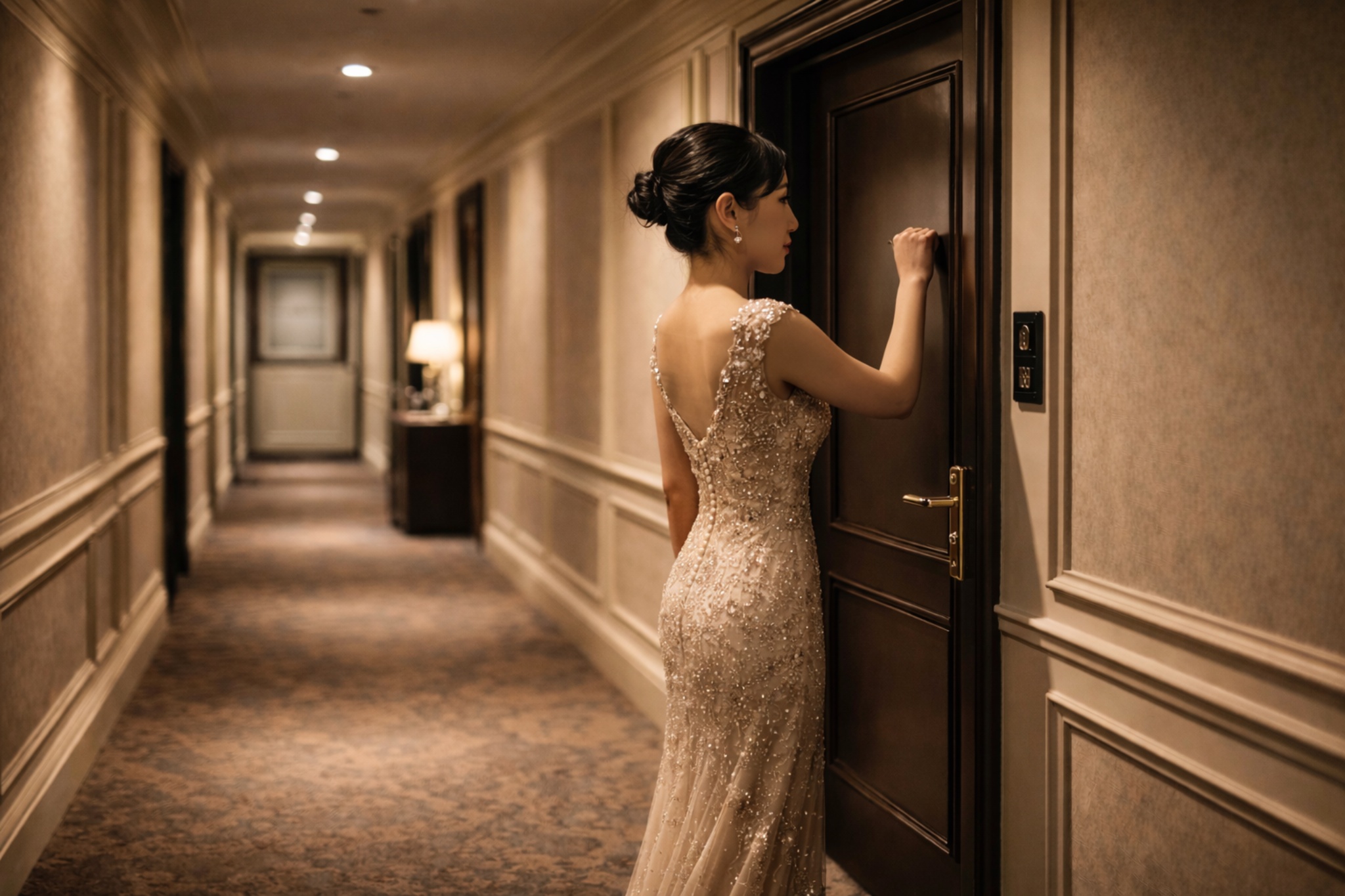 Discreet professional arriving at a luxury hotel room door