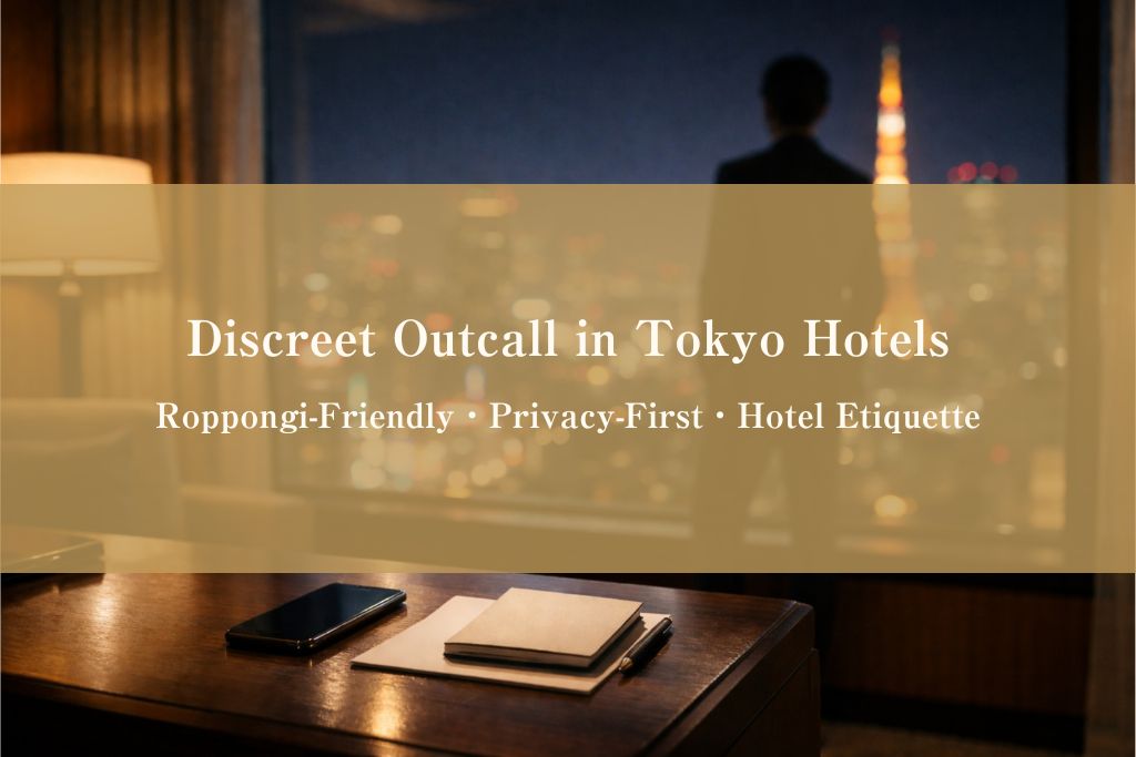 Luxury Tokyo hotel room at night with a guest overlooking the city skyline, representing a discreet and privacy-first outcall experience