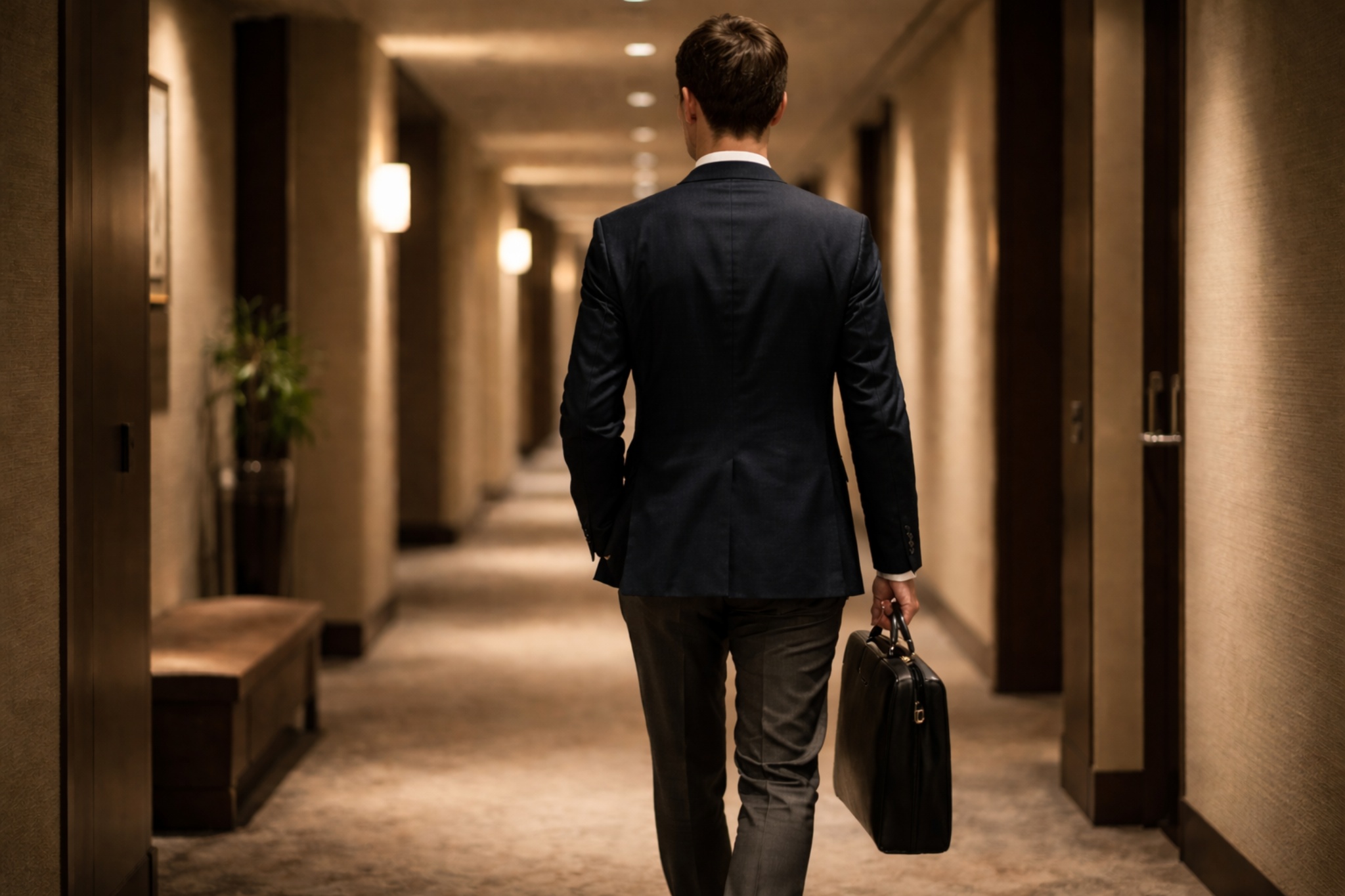 A discreet, hotel-ready arrival scene in a Tokyo luxury hotel corridor, emphasizing calm etiquette