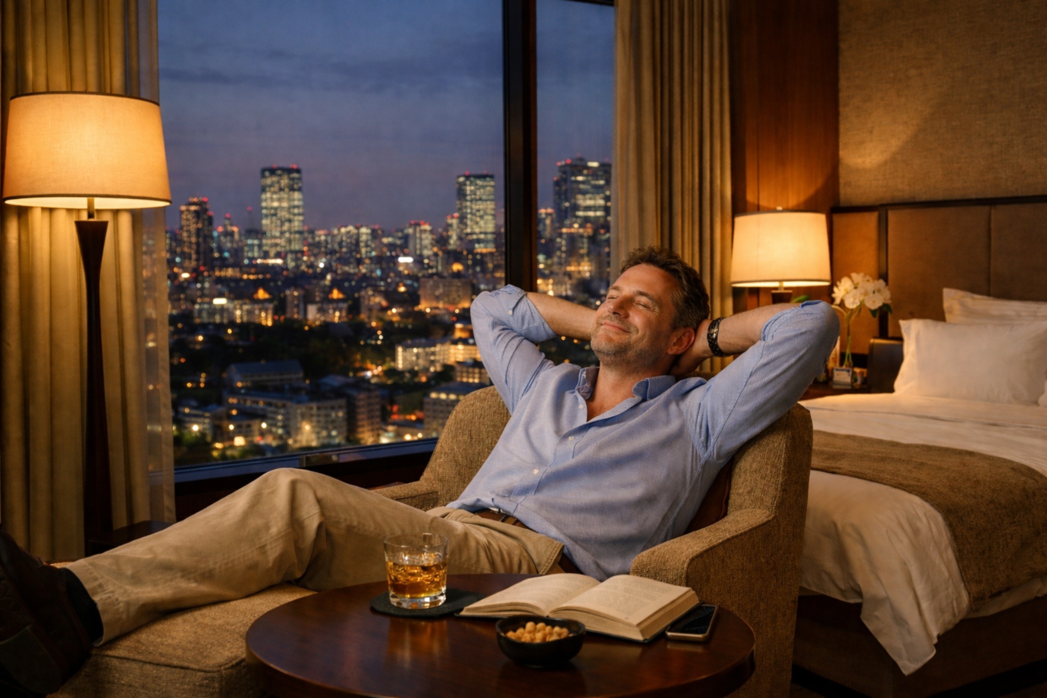Luxury Tokyo hotel guest relaxing in-room seeking a seamless high-end massage experience