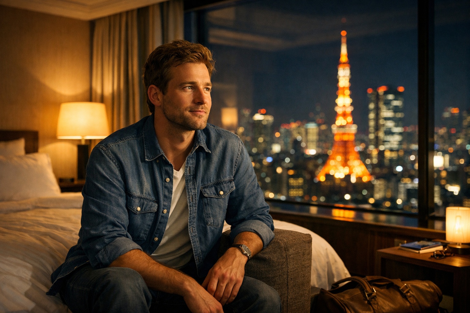 Foreigner relaxing in a Tokyo hotel room considering a private in-room service