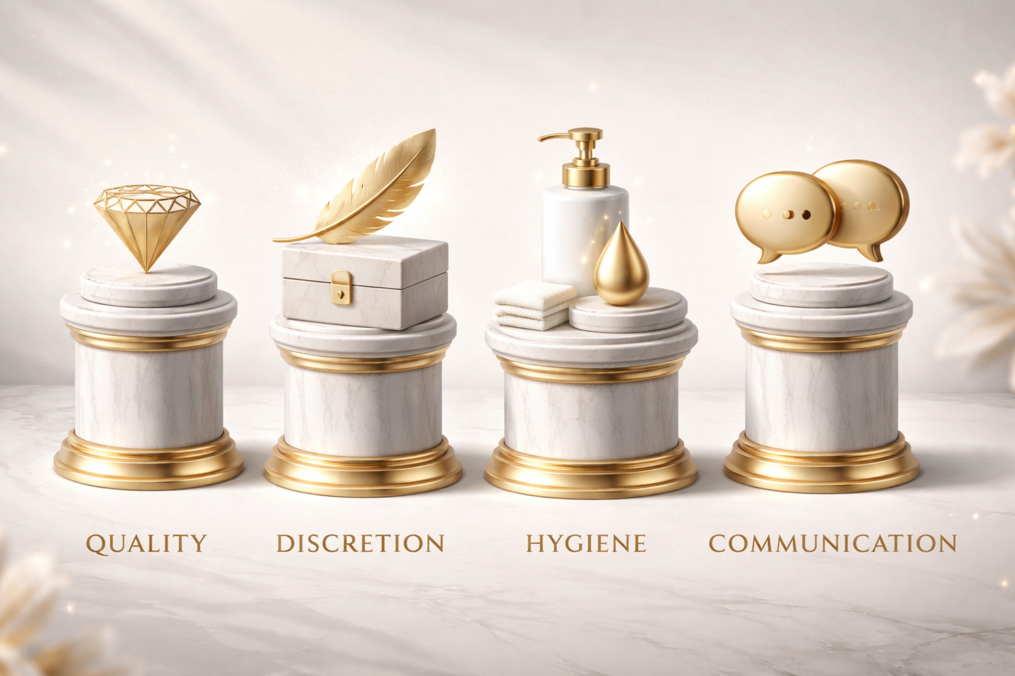 Four pillars concept representing quality, discretion, hygiene, and communication
