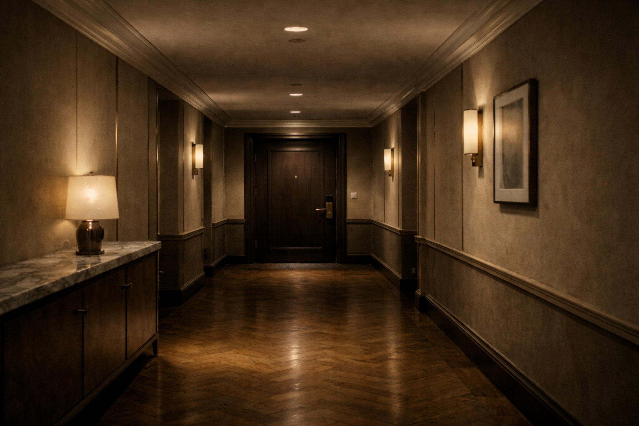 Luxury hotel corridor and room door symbolizing discretion, language, and quality gaps