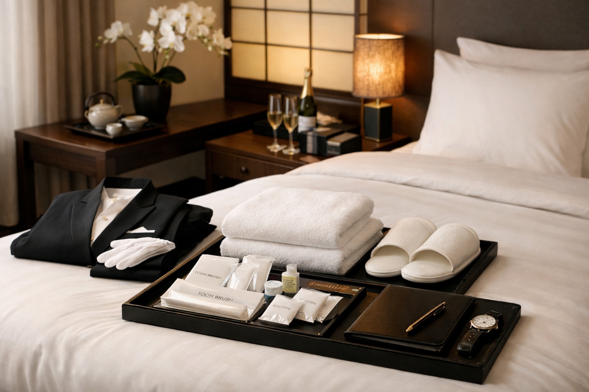 High-class Japanese hospitality hallmarks represented by calm in-room setting, professionalism, and refined presentation