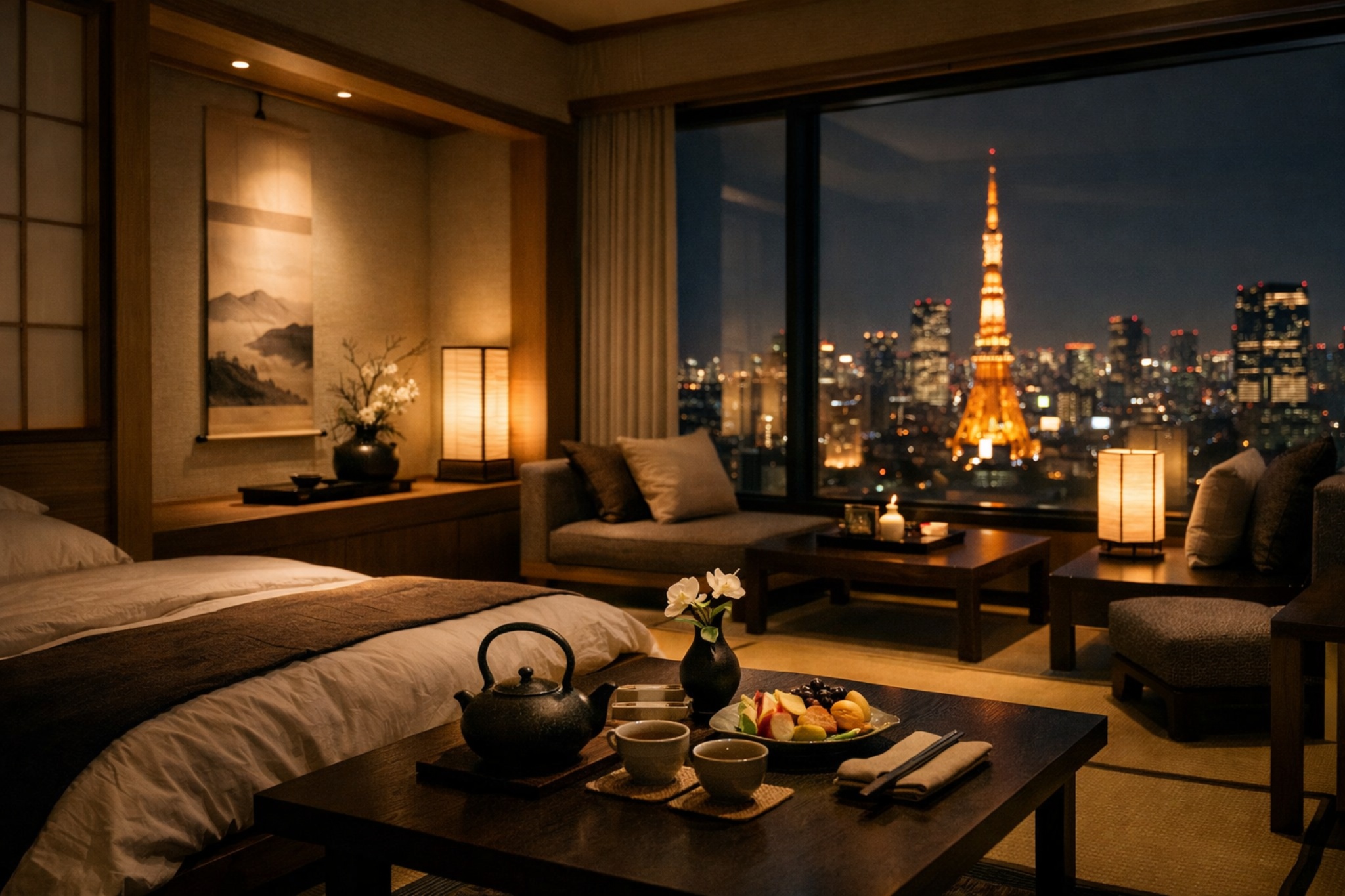 Japanese omotenashi hospitality concept in a private Tokyo hotel room setting representing a high-class outcall experience