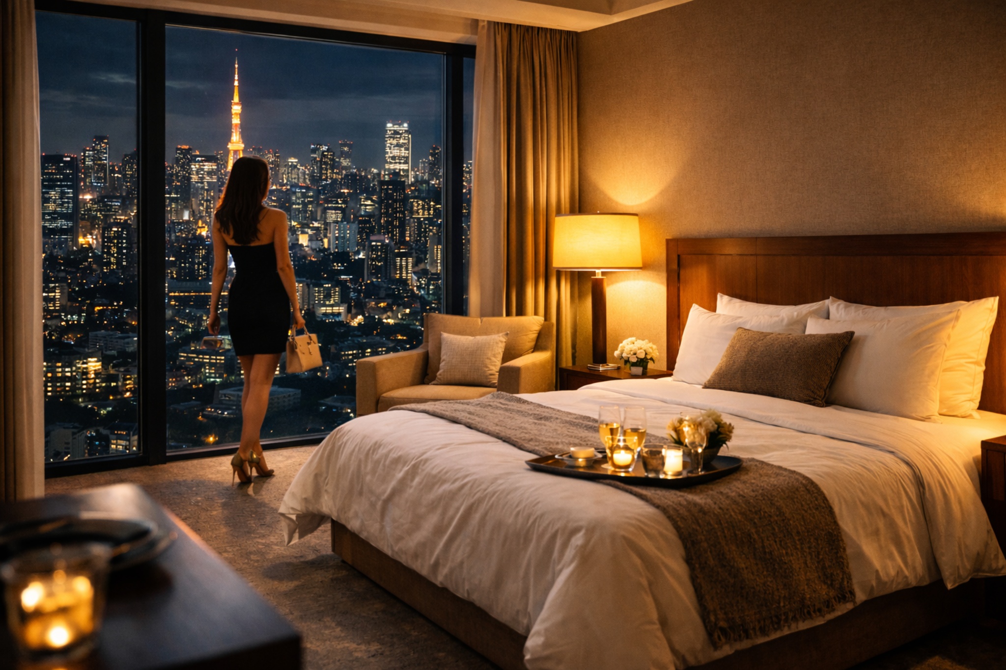 Tokyo night and luxury hotel room representing the safer, more discreet, and more hygienic in-room outcall choice