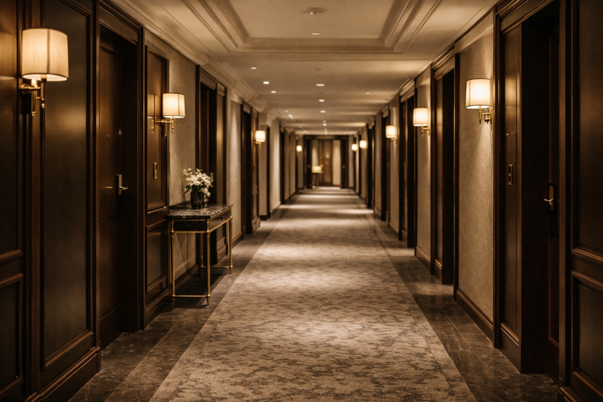 A quiet late-night corridor in a Tokyo hotel, representing discreet after-hours coordination