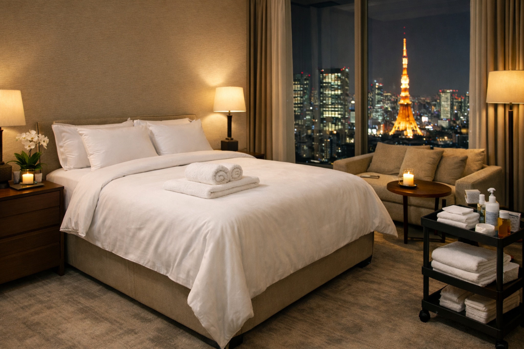A discreet, professional in-room hospitality setup emphasizing hygiene and privacy in a Tokyo luxury hotel