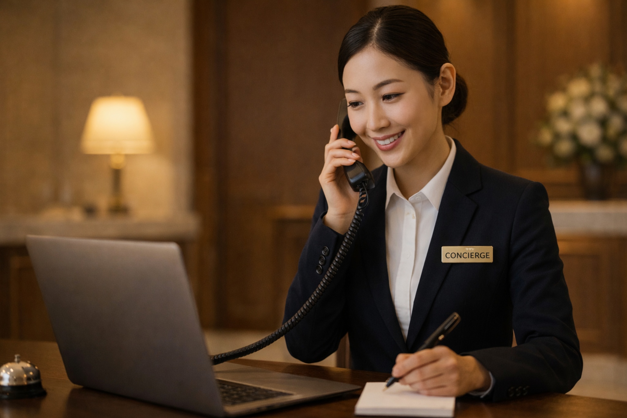 English-speaking concierge assisting a hotel guest with booking and confirmation