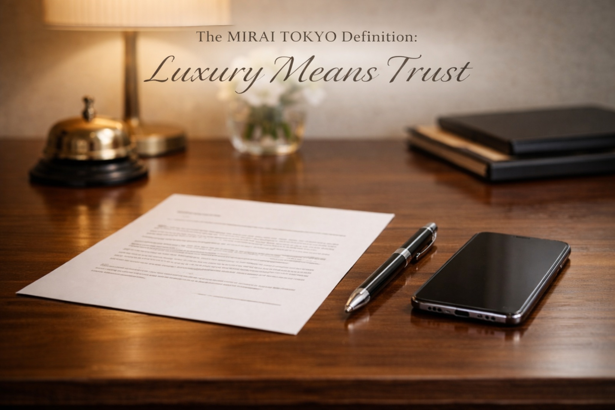 A calm hotel desk with a confirmation sheet and pen, representing trust through clear written terms