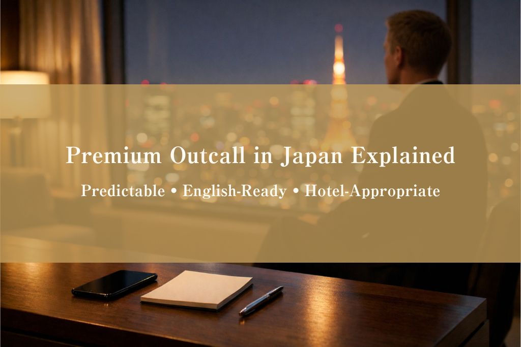 Luxury Tokyo hotel room at night with a guest overlooking the city skyline, illustrating a predictable, English-ready, hotel-appropriate premium outcall service
