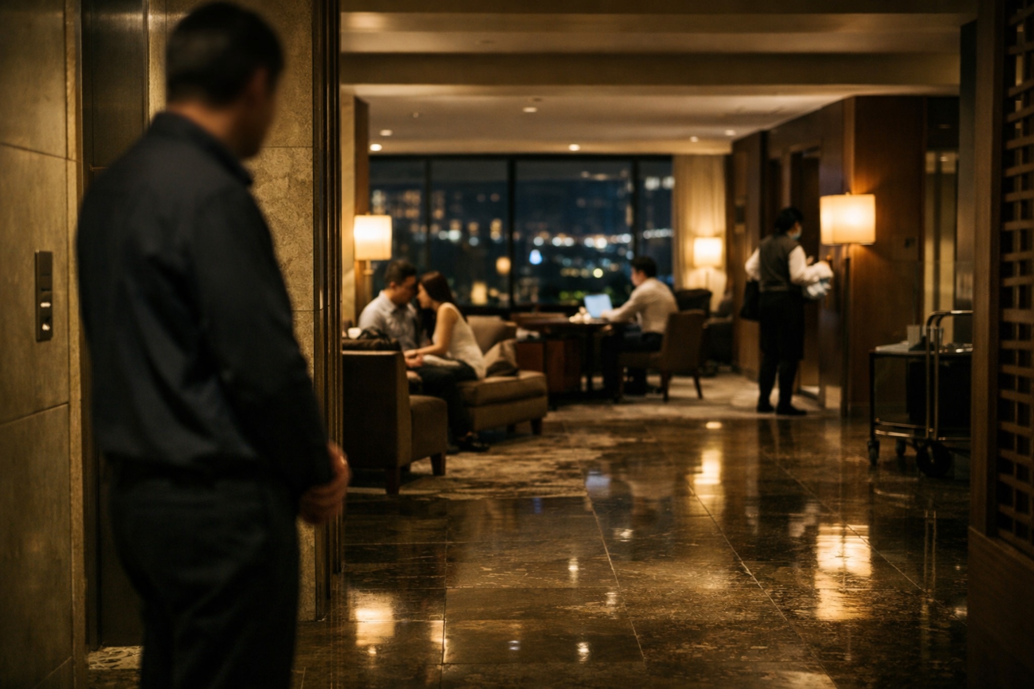 Editorial scene suggesting a hotel lobby privacy risk through visible waiting and poor coordination
