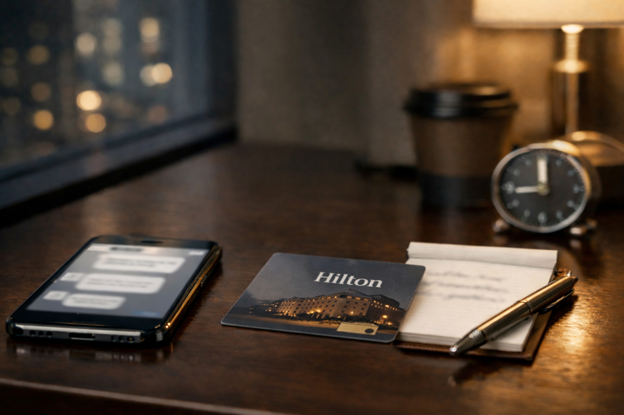 A smartphone inquiry with unreadable text beside a hotel keycard and a notepad, representing clear request details