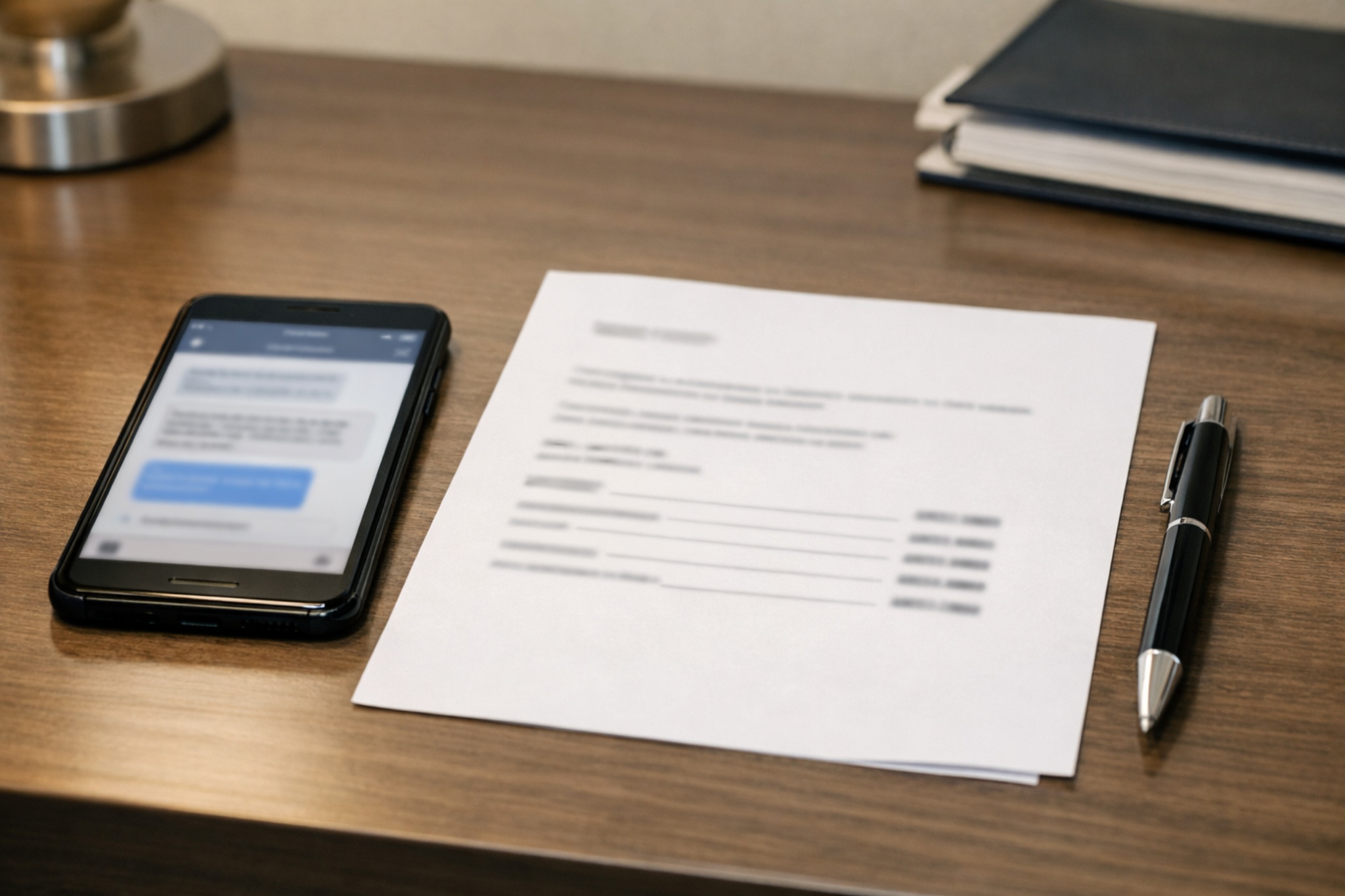 A smartphone and an unreadable written quote on a hotel desk, representing a same-day confirmation checklist