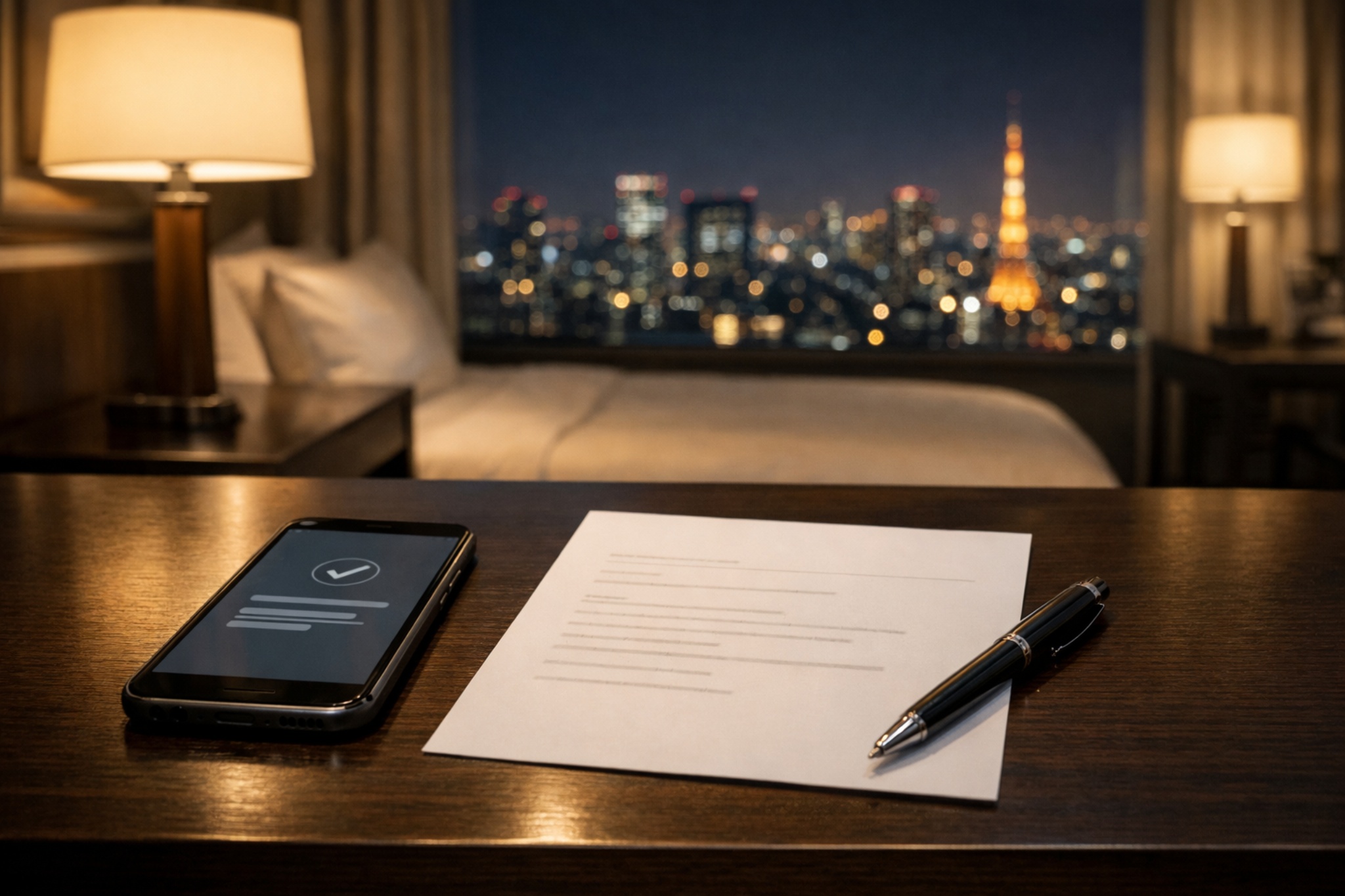 A calm, discreet booking flow on a smartphone in a Tokyo hotel room