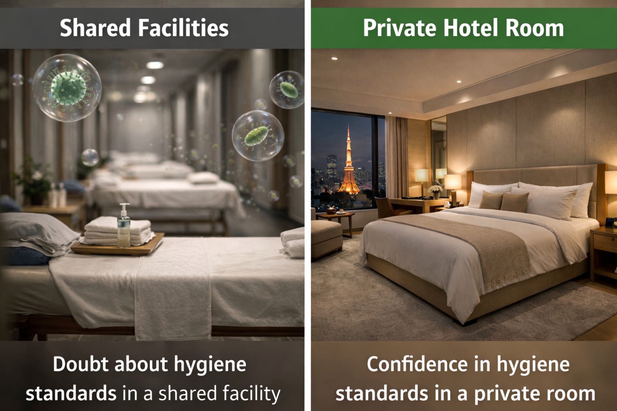 Side-by-side comparison concept representing an objective decision between storefront and professional in-room outcall