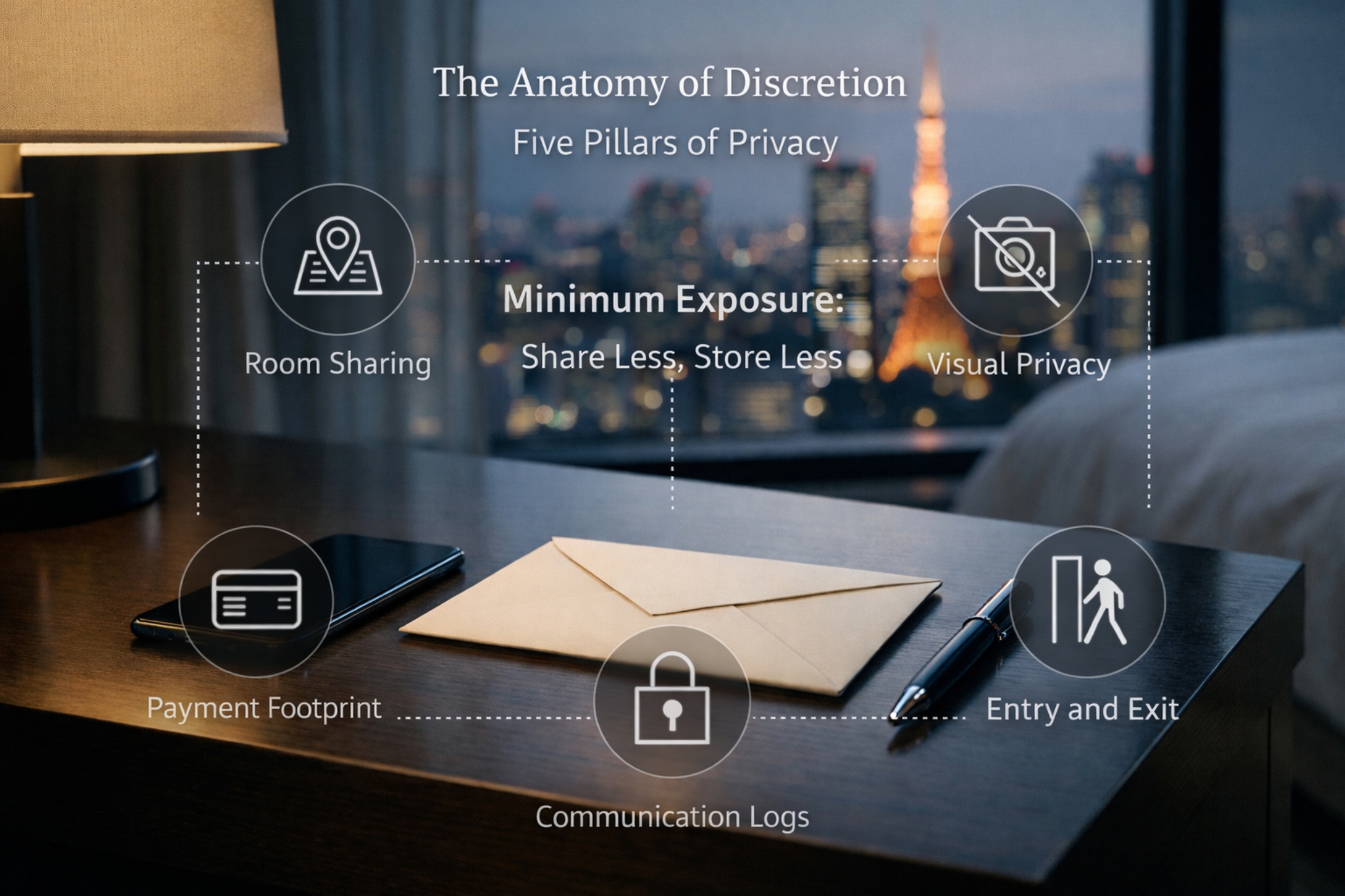 A minimalist hotel desk scene with a phone and closed envelope, representing minimum exposure and privacy pillars