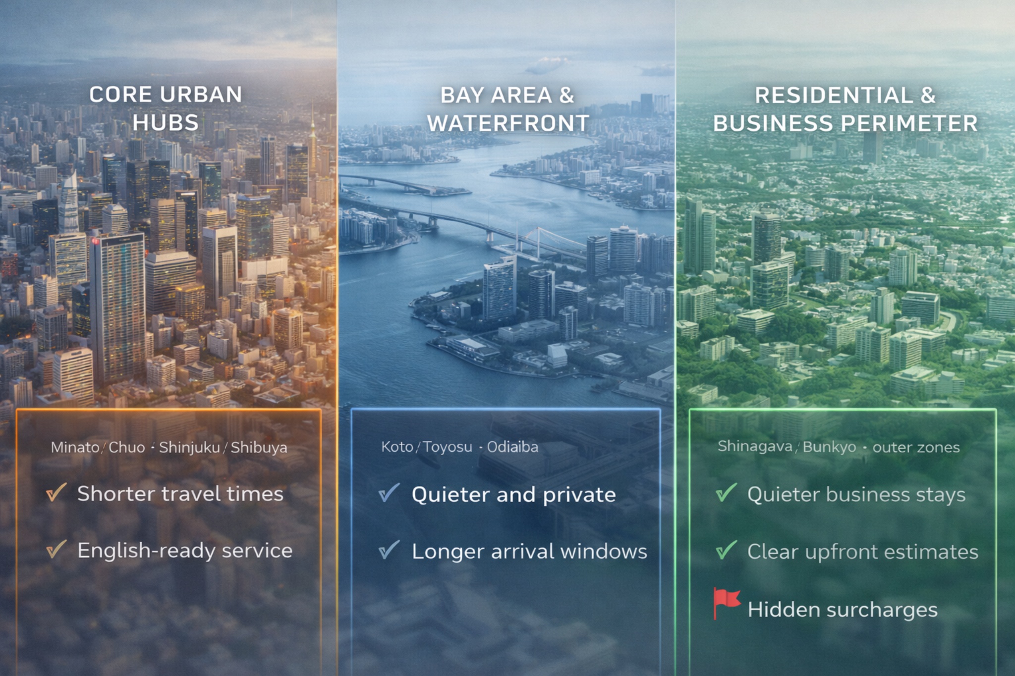 A minimalist Tokyo map with blurred route lines and a timing cue, representing coverage planning by arrival windows