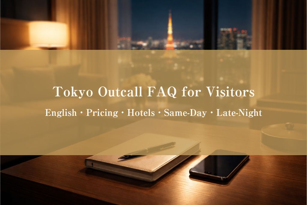 Luxury Tokyo hotel room at night with a notebook and smartphone on a desk, representing a Tokyo outcall FAQ guide for international visitors