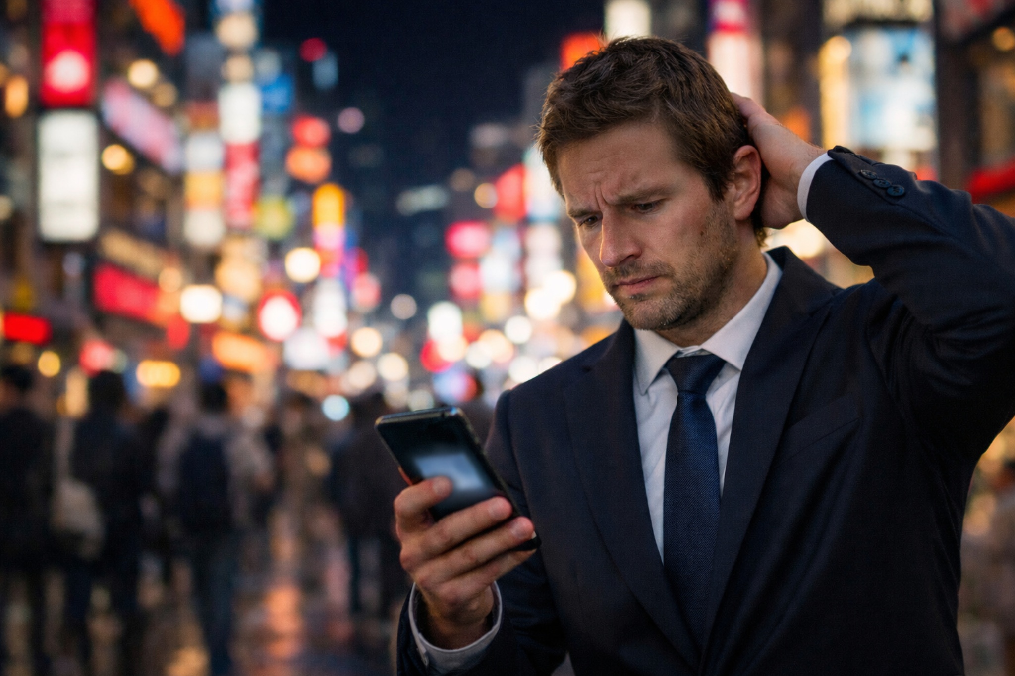 Editorial warning-style image of a traveler hesitating over unclear messages on a smartphone, symbolizing ambiguous English risks