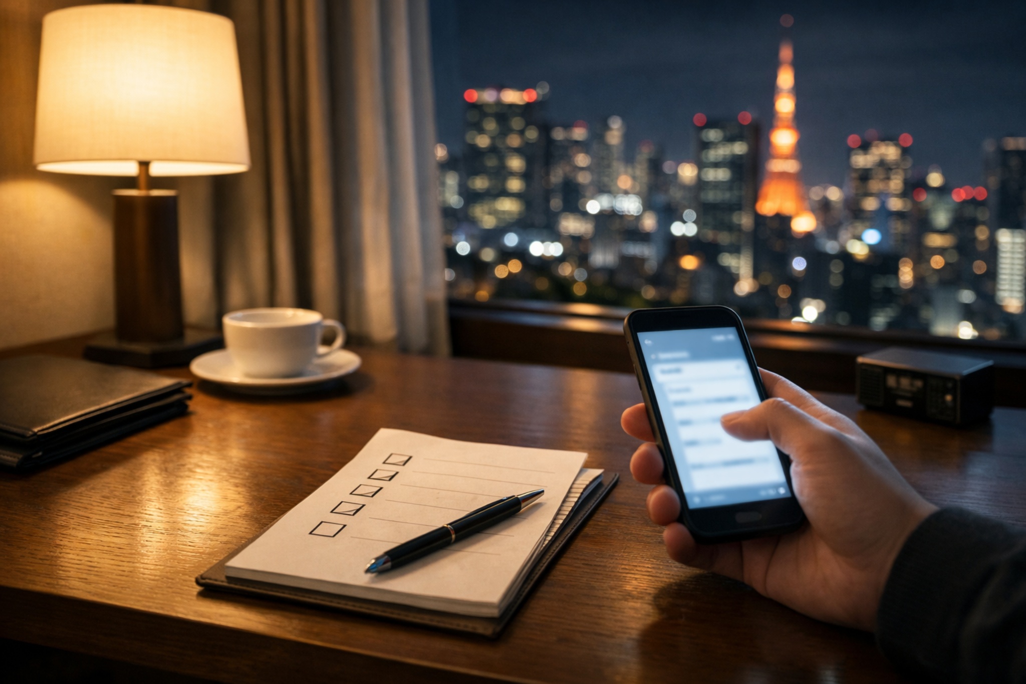 A calm decision moment in a Tokyo hotel room, representing clarity and risk removal