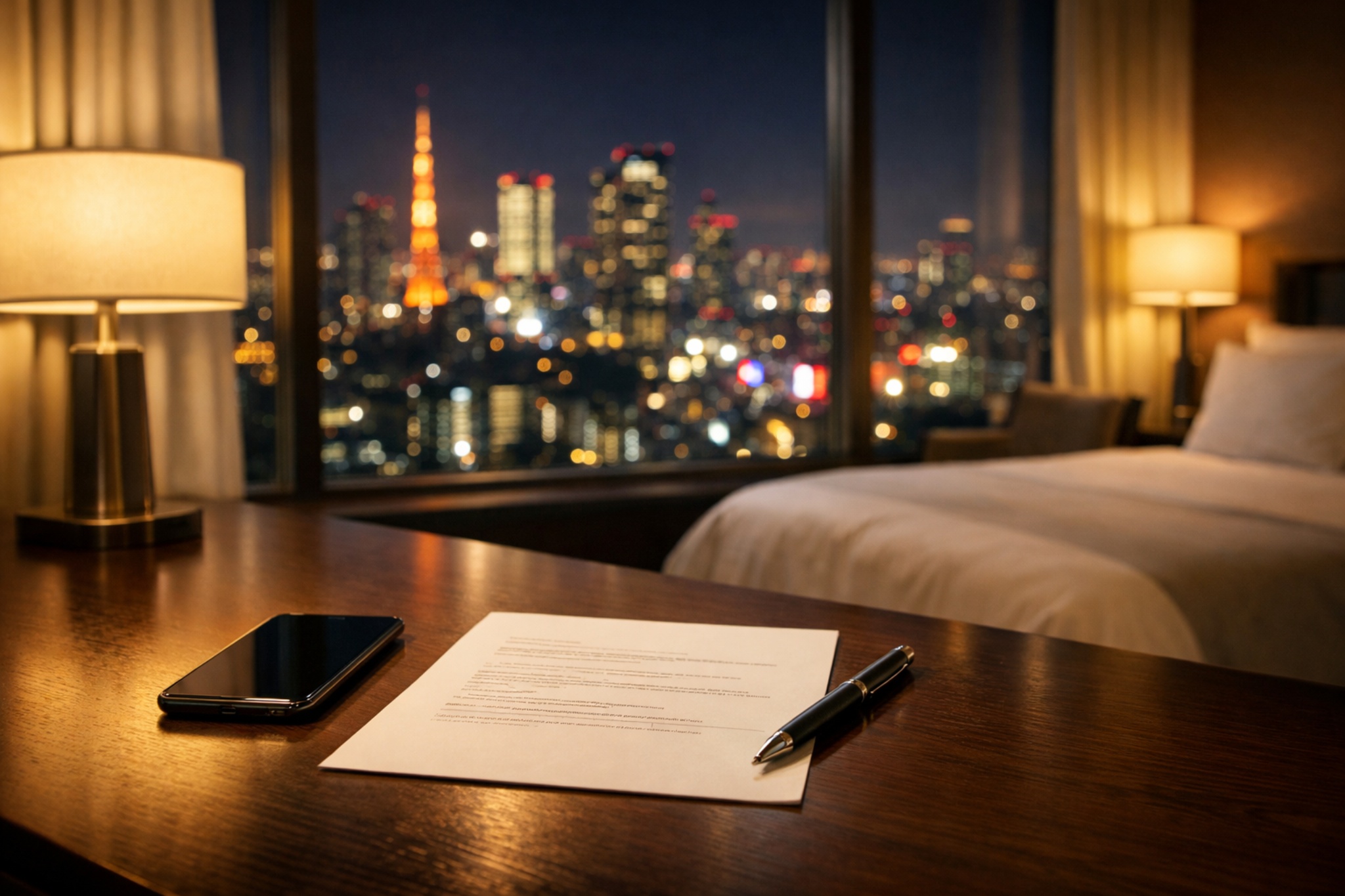 A Tokyo hotel-room desk scene representing clear English communication and booking transparency